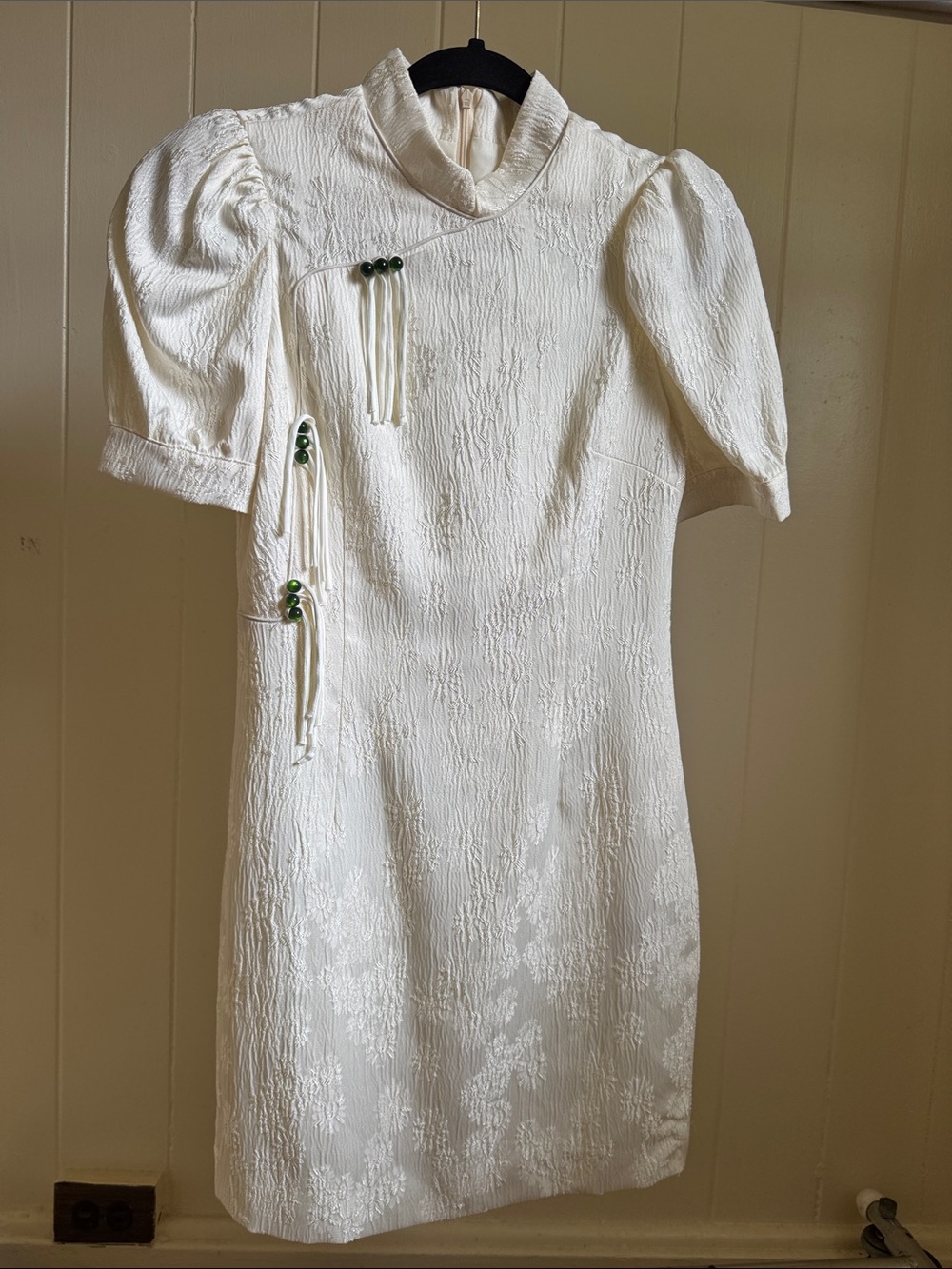 Ivory Textured Short Sleeve Cheongsam-Inspired Dress
